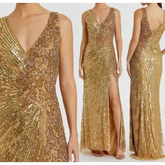 $598 Mac Duggal 5473 High Slit Embellished Sequins Dress Gold Size 8 NWT - Picture 3 of 16